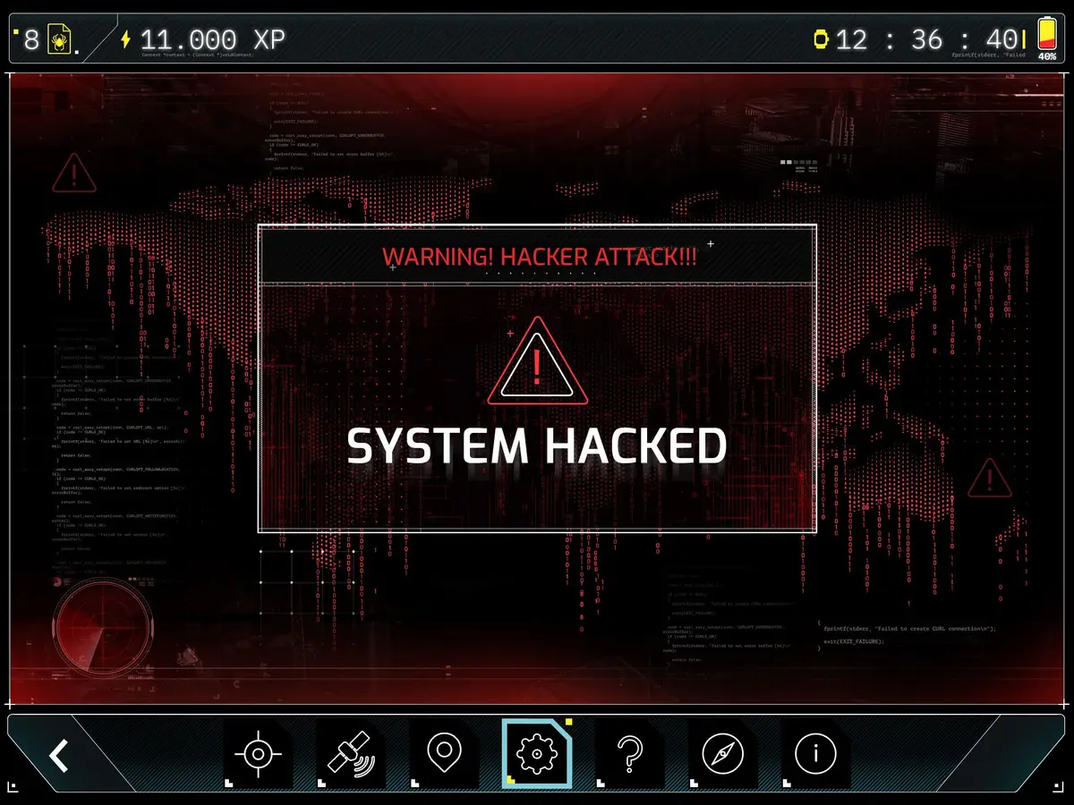 Tablet screen showing the SYSTEM HACKED alert in Black Out, a Salty Soil AR escape game where teams hack their opponents