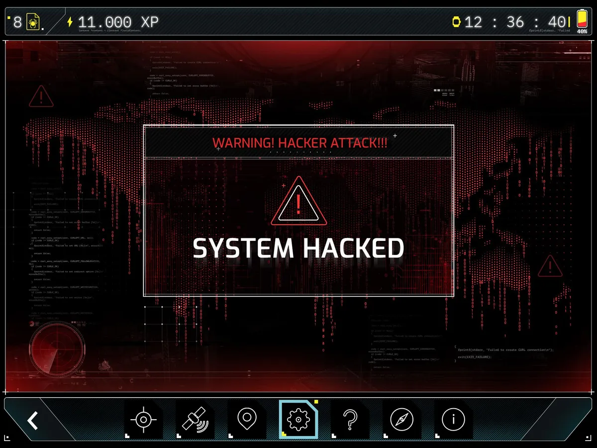 Οθόνη tablet με την ειδοποίηση SYSTEM HACKED στο Black Out, ένα AR escape game της Salty Soil όπου οι ομάδες χακάρουν τους αντιπάλους τους.