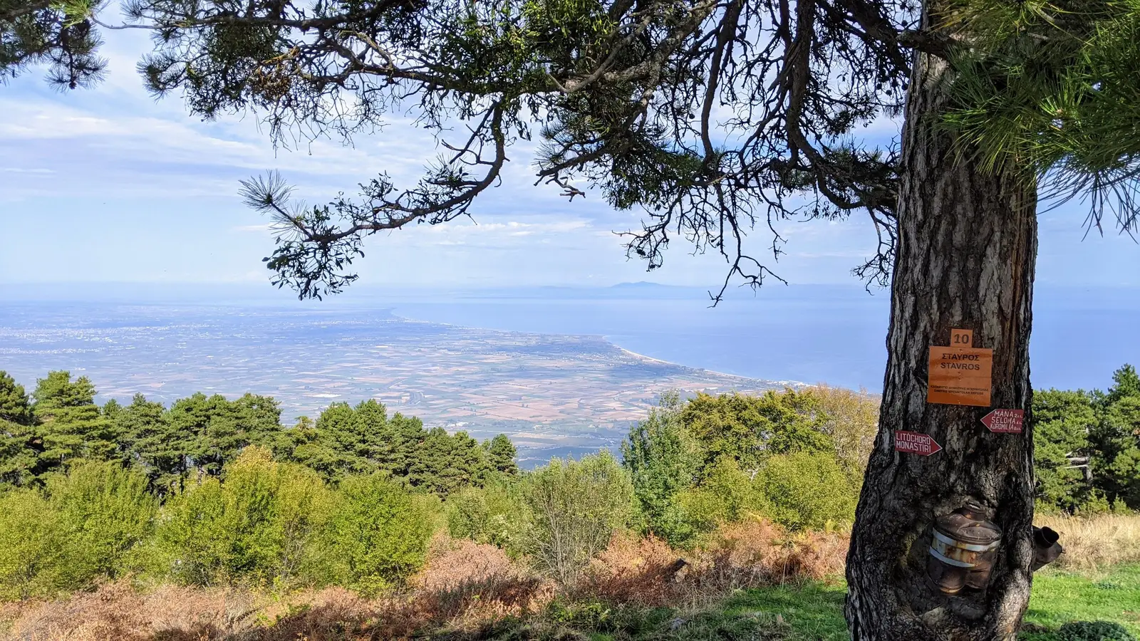 View from the Stavros trail sign on Mount Olympus over the plain and the coast of the Thermaic Gulf, on a Salty Soil day trip