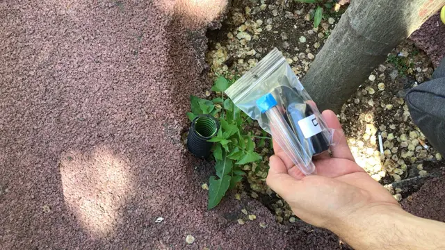 A player holds a spy kit with a vial, just found in a hidden cache during Operation Mindfall, a Salty Soil AR escape game